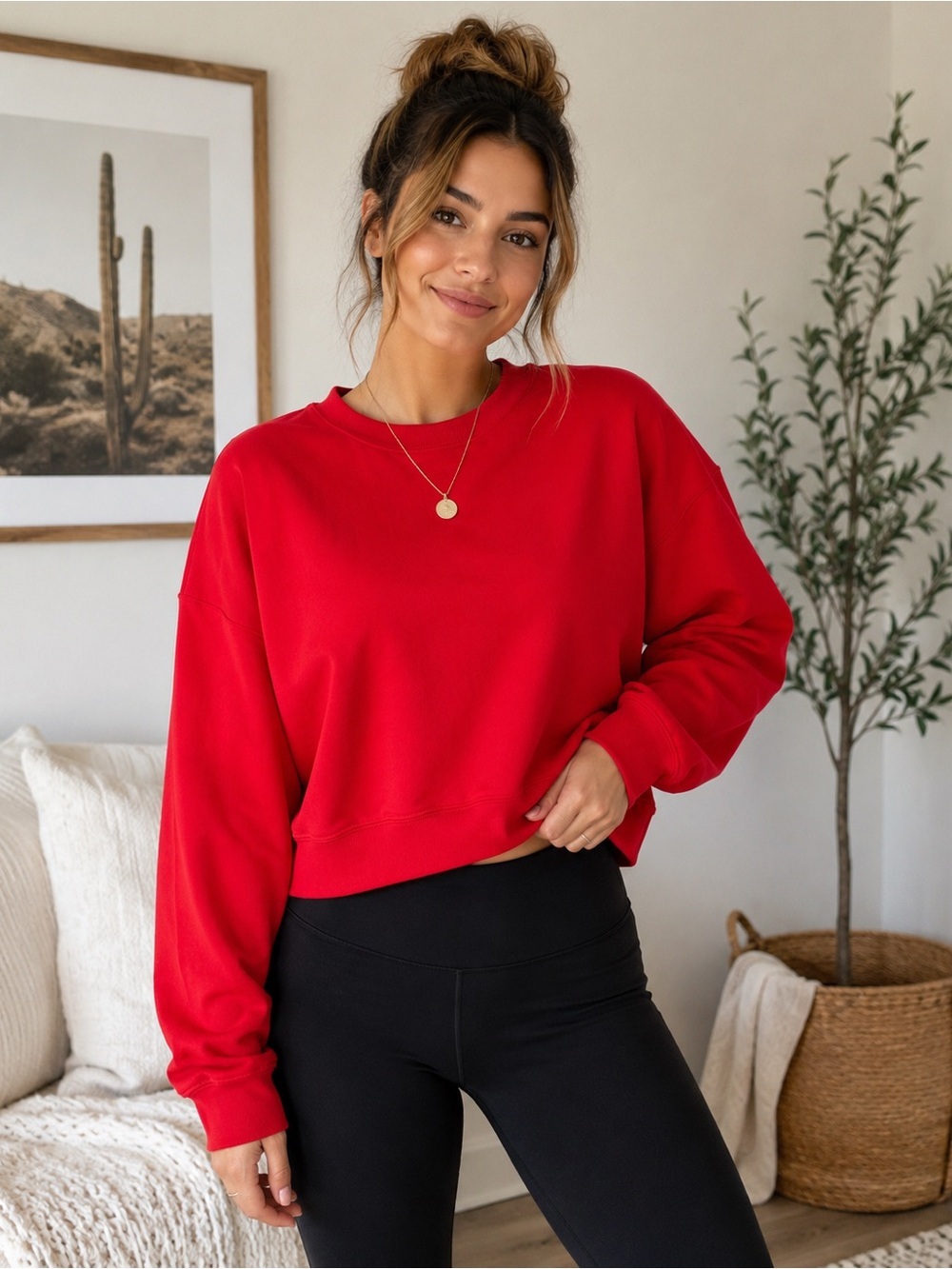 Zenana Red Cropped Crewneck Sweatshirt Women’s Large Scuba Knit Pullover NWOT